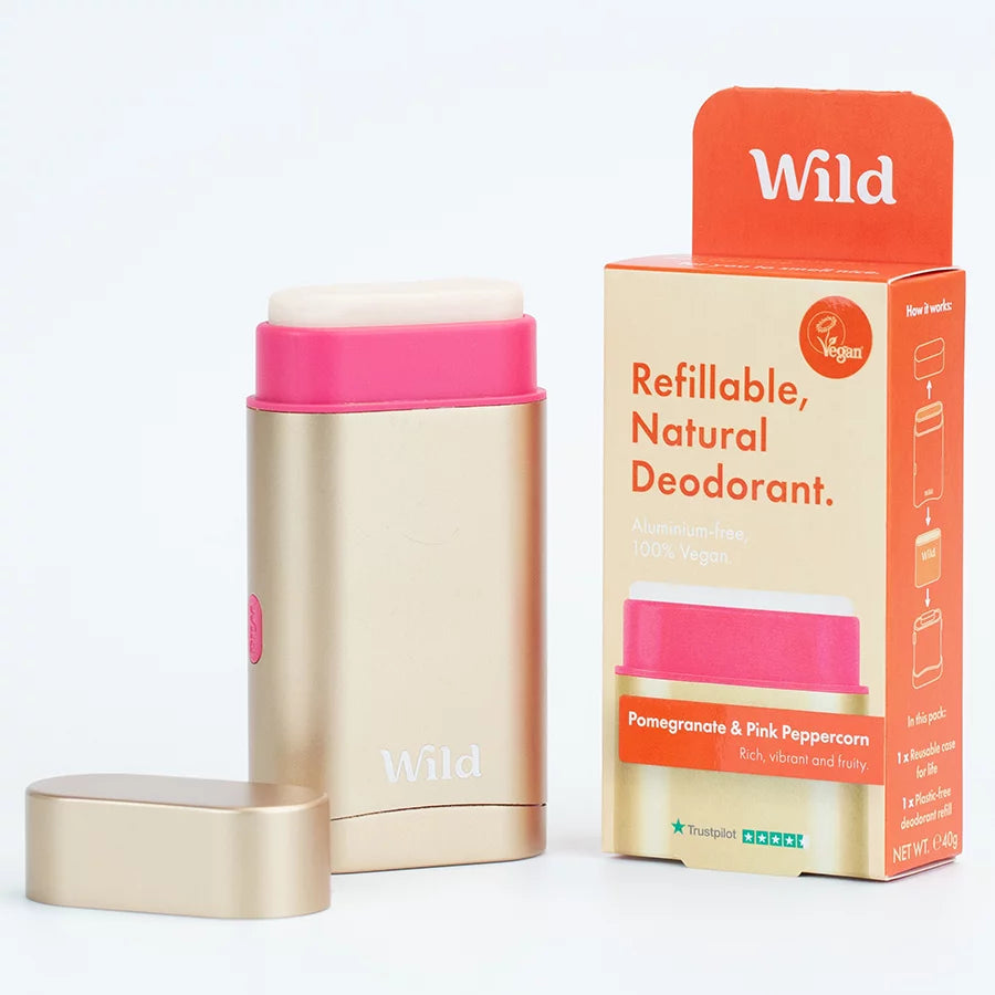 Wild Deodorant Gold Case and Pomegranate & Pink Peppercorn Starter Pack